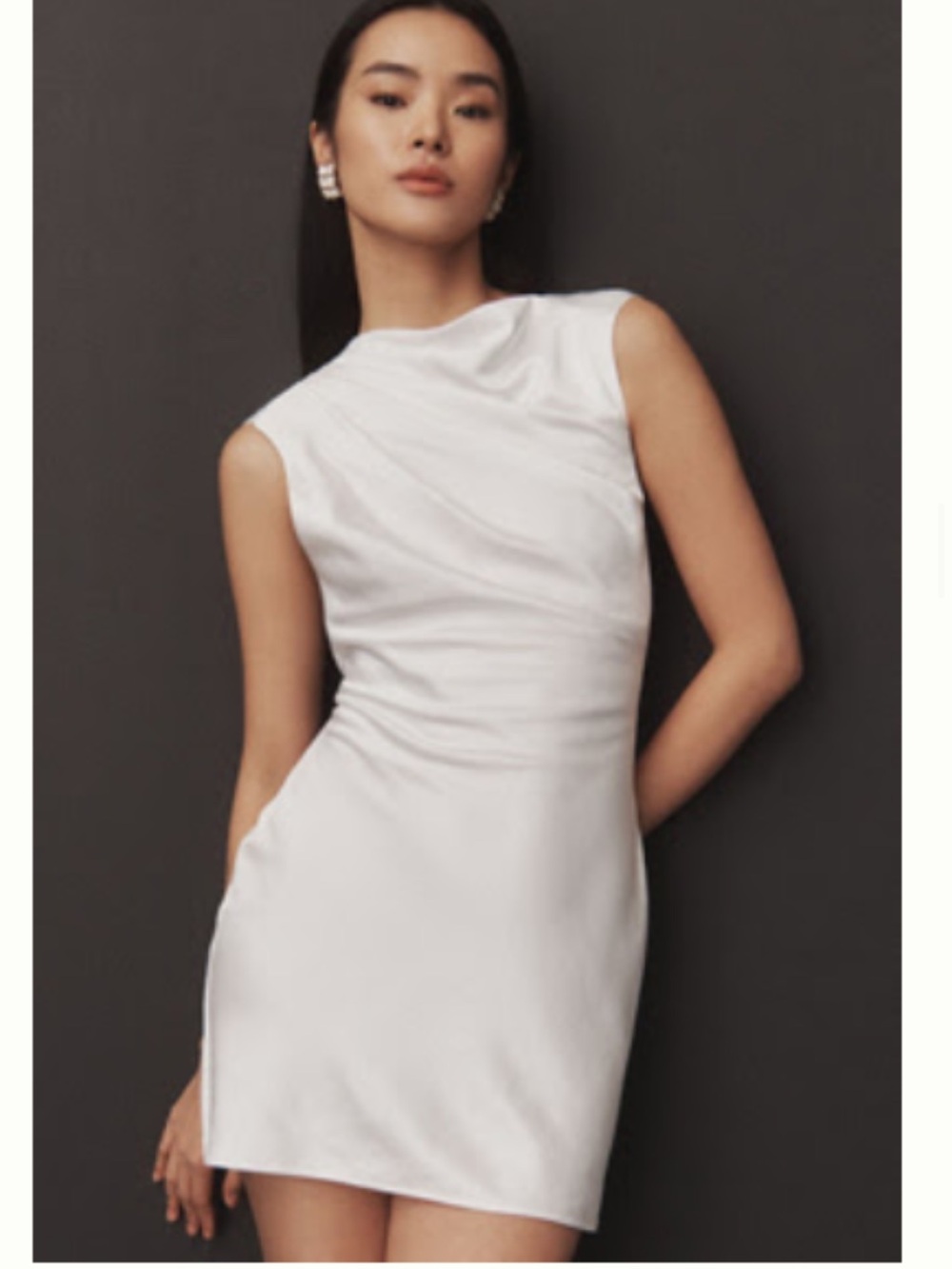 Satin White Sleeveless Mini Dress with Subtle Draping
